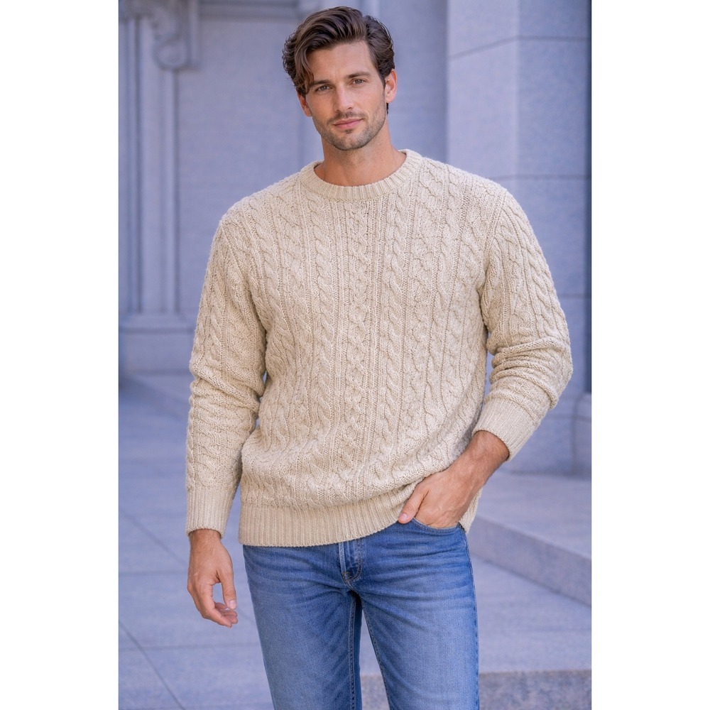 Simon‎ Pearce Ireland Fisherman Cable Knit Sweater Mens L Cream Cotton Linen